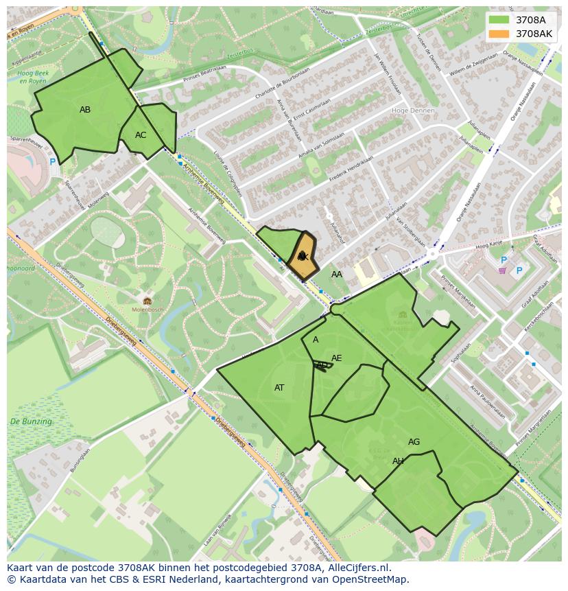 Afbeelding van het postcodegebied 3708 AK op de kaart.