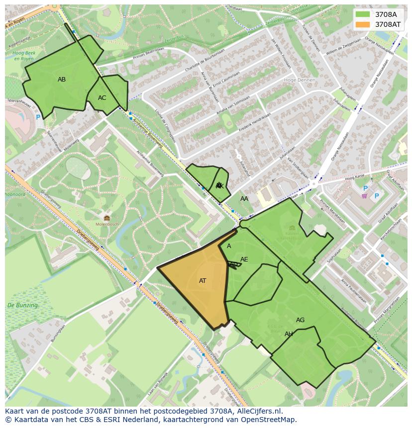 Afbeelding van het postcodegebied 3708 AT op de kaart.