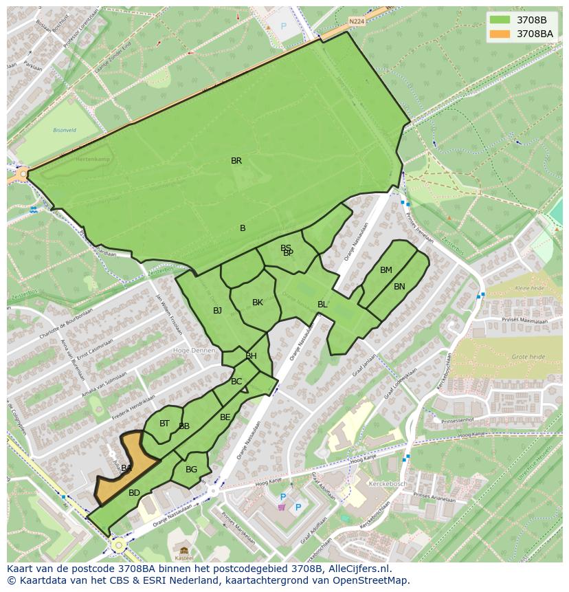 Afbeelding van het postcodegebied 3708 BA op de kaart.