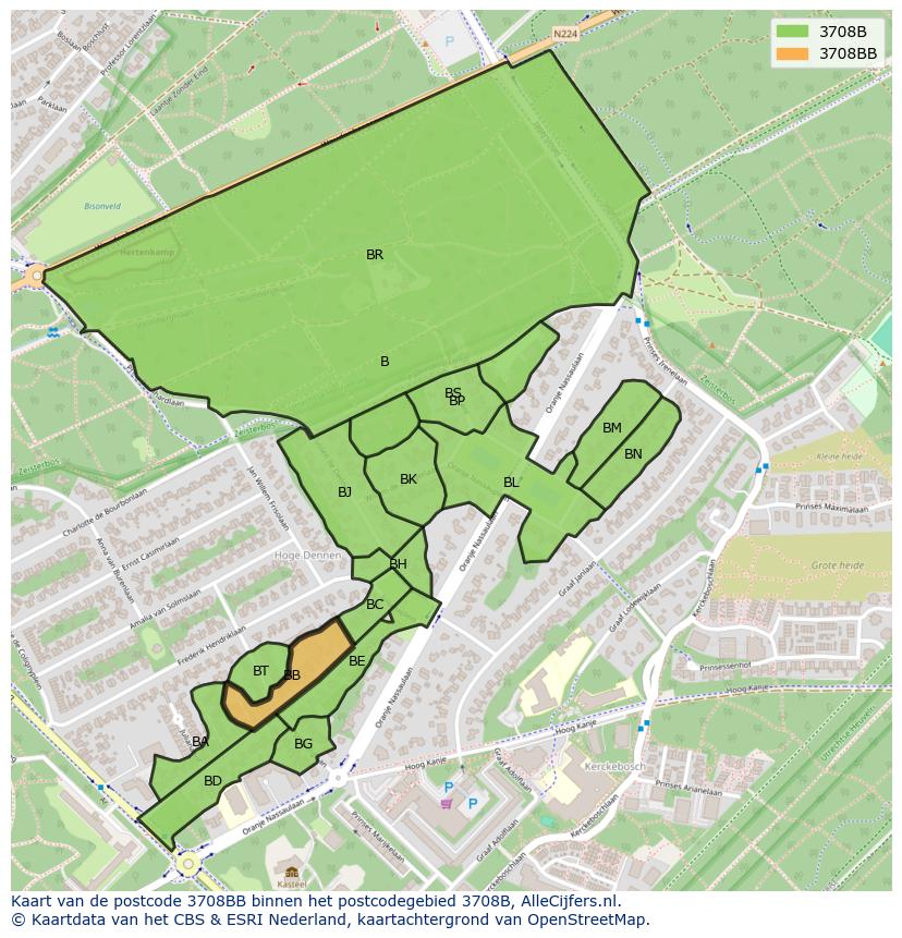 Afbeelding van het postcodegebied 3708 BB op de kaart.