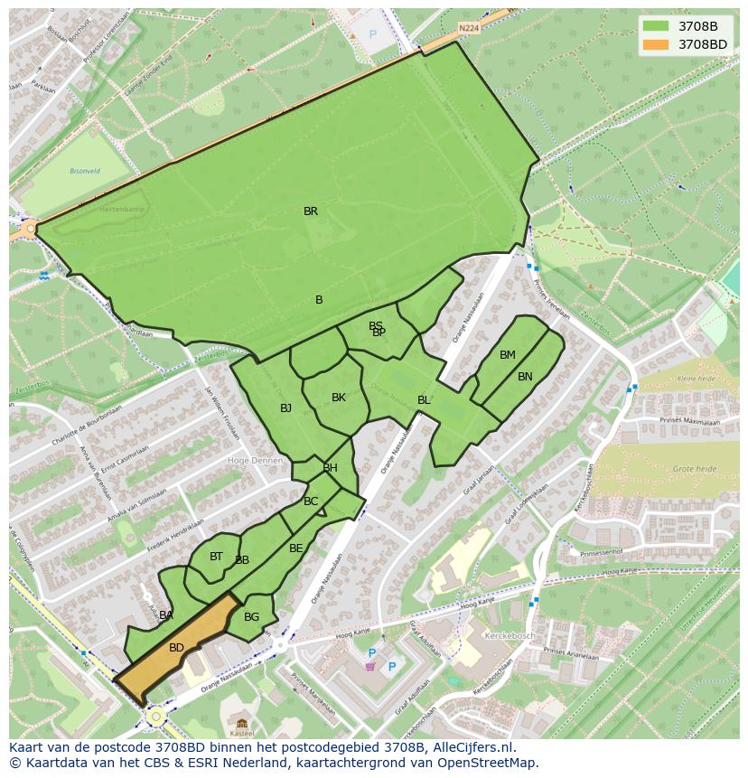 Afbeelding van het postcodegebied 3708 BD op de kaart.