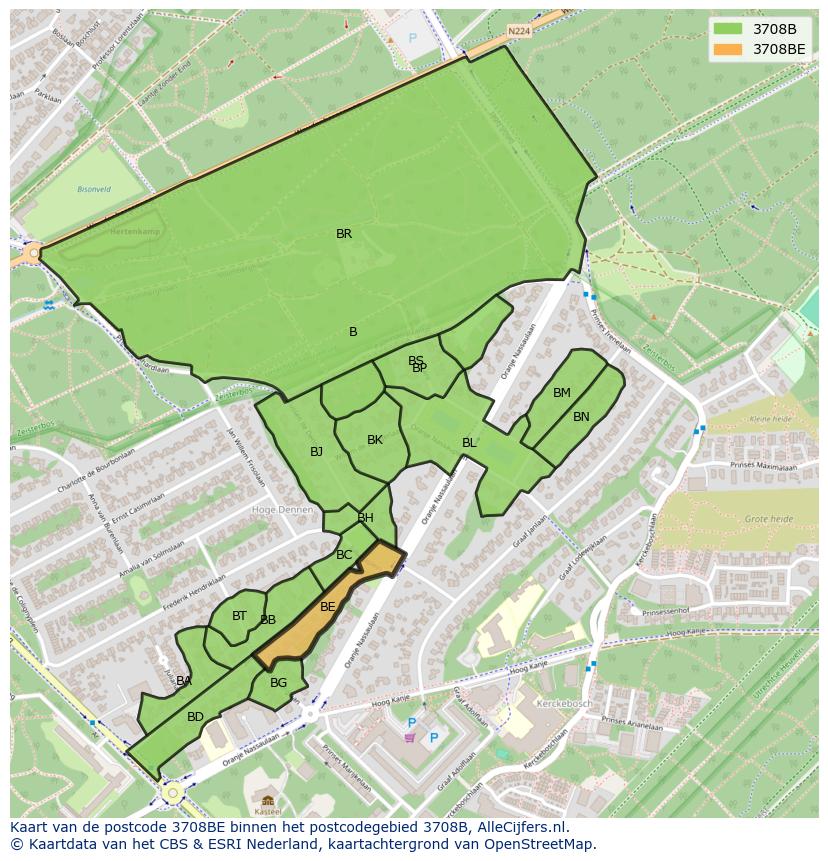 Afbeelding van het postcodegebied 3708 BE op de kaart.