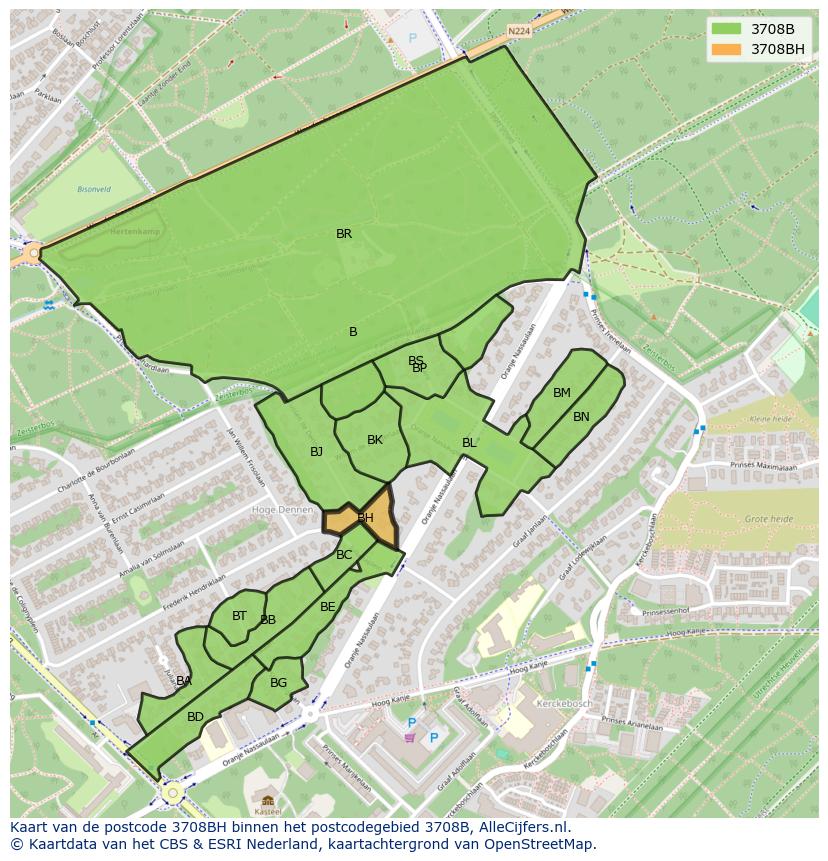 Afbeelding van het postcodegebied 3708 BH op de kaart.