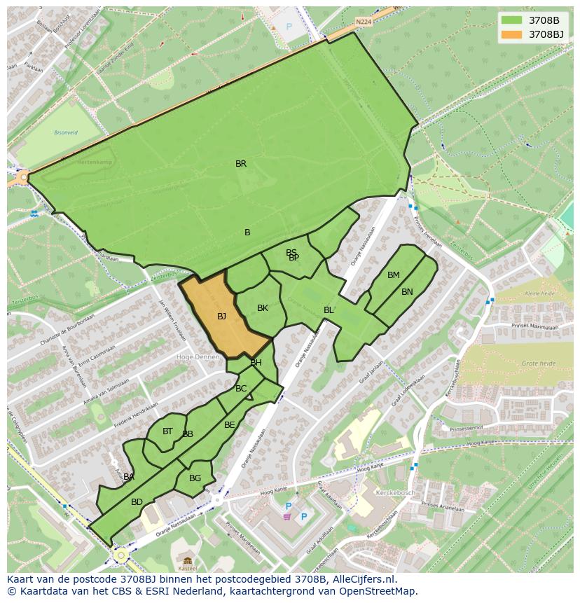 Afbeelding van het postcodegebied 3708 BJ op de kaart.