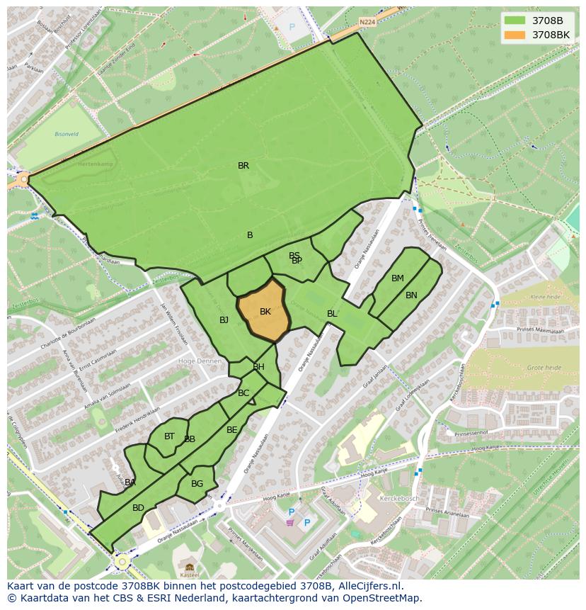Afbeelding van het postcodegebied 3708 BK op de kaart.