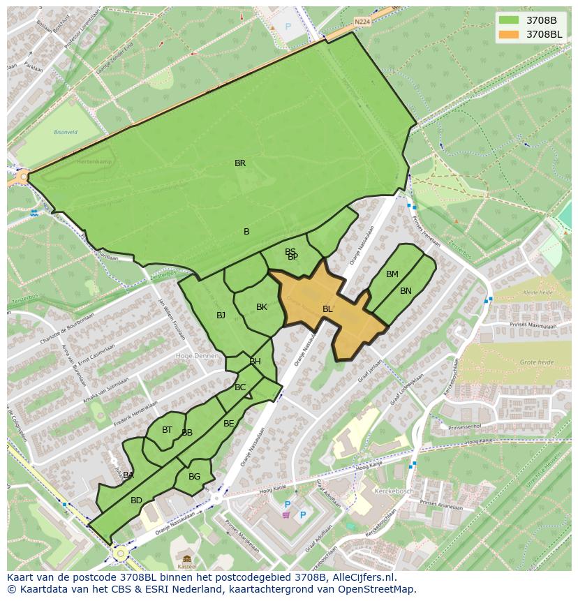 Afbeelding van het postcodegebied 3708 BL op de kaart.