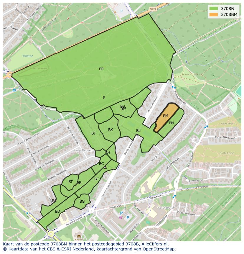 Afbeelding van het postcodegebied 3708 BM op de kaart.