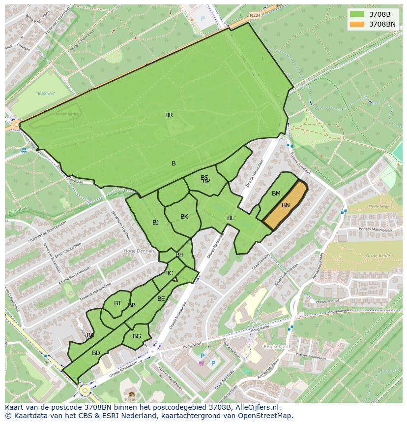 Afbeelding van het postcodegebied 3708 BN op de kaart.
