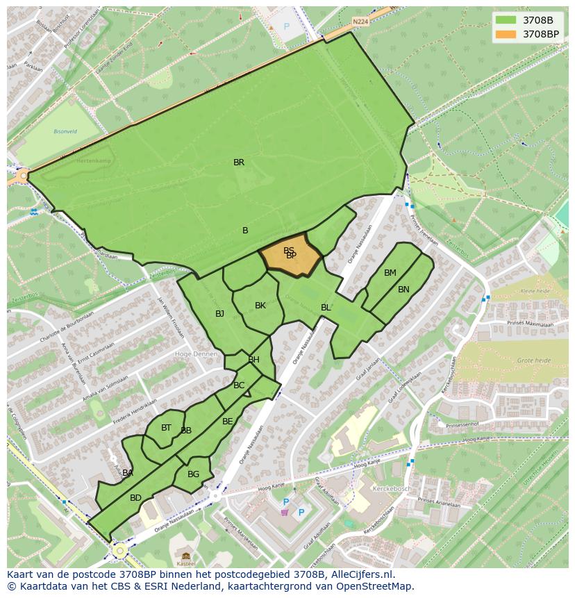 Afbeelding van het postcodegebied 3708 BP op de kaart.
