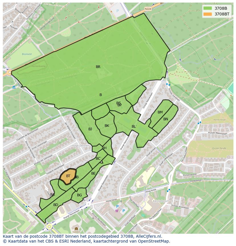 Afbeelding van het postcodegebied 3708 BT op de kaart.