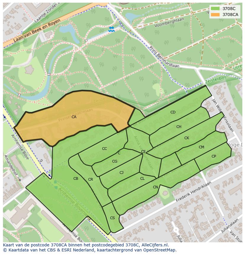 Afbeelding van het postcodegebied 3708 CA op de kaart.