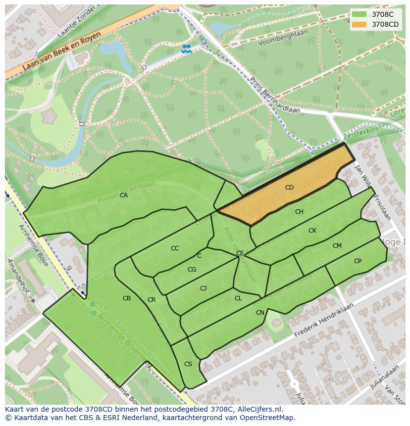 Afbeelding van het postcodegebied 3708 CD op de kaart.