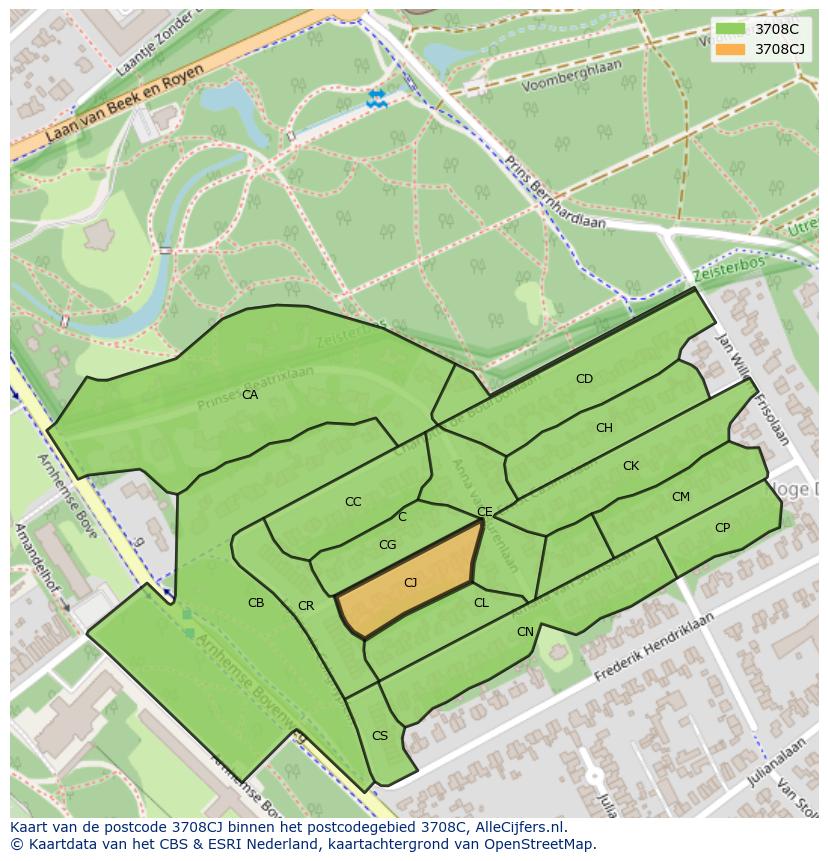 Afbeelding van het postcodegebied 3708 CJ op de kaart.