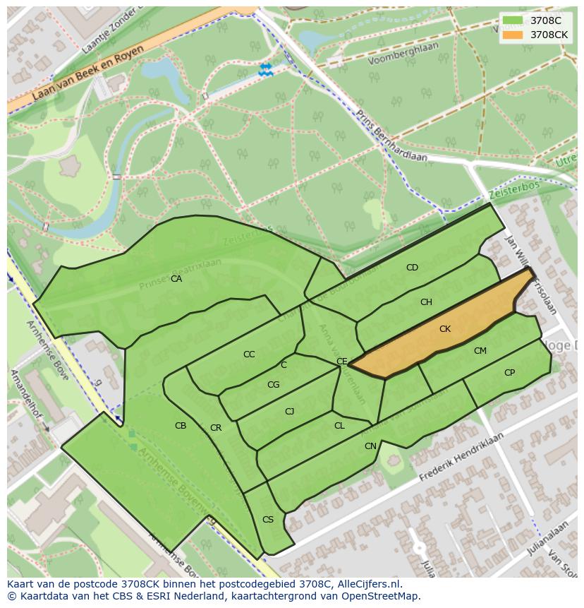 Afbeelding van het postcodegebied 3708 CK op de kaart.