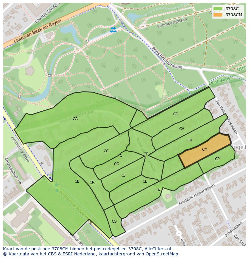 Afbeelding van het postcodegebied 3708 CM op de kaart.