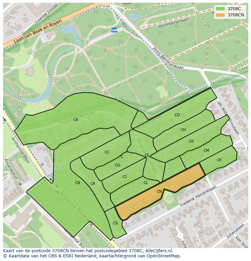 Afbeelding van het postcodegebied 3708 CN op de kaart.