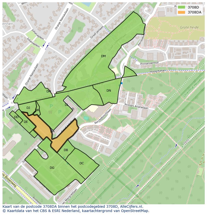 Afbeelding van het postcodegebied 3708 DA op de kaart.