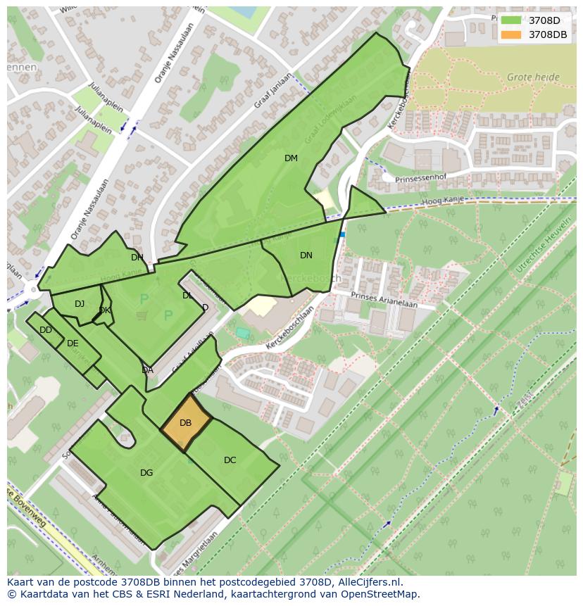 Afbeelding van het postcodegebied 3708 DB op de kaart.