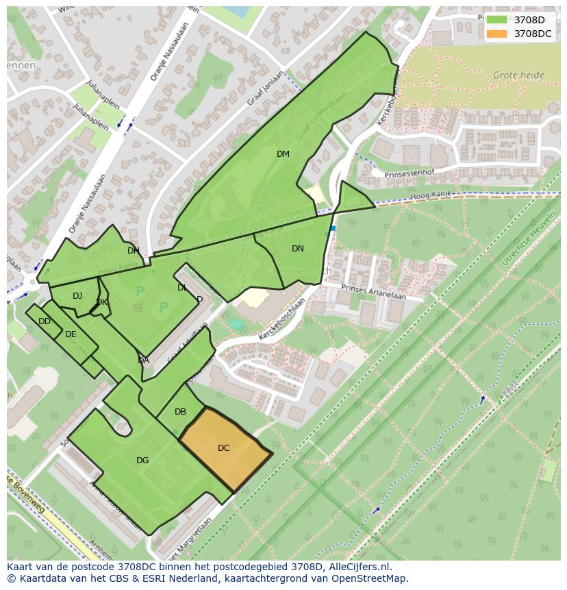 Afbeelding van het postcodegebied 3708 DC op de kaart.