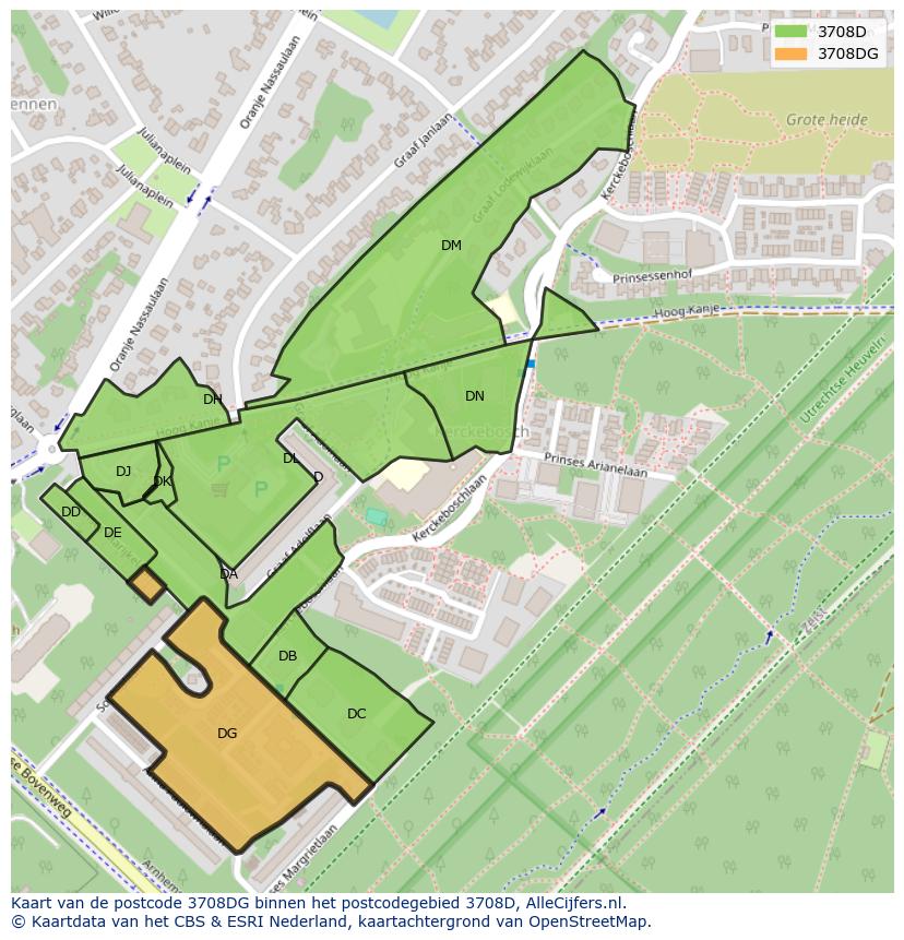 Afbeelding van het postcodegebied 3708 DG op de kaart.