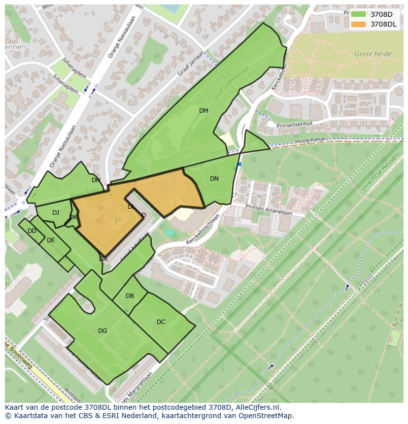 Afbeelding van het postcodegebied 3708 DL op de kaart.