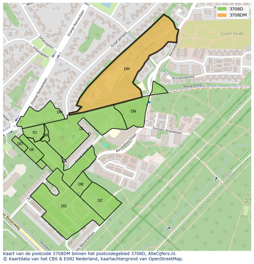 Afbeelding van het postcodegebied 3708 DM op de kaart.