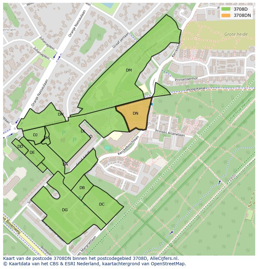 Afbeelding van het postcodegebied 3708 DN op de kaart.