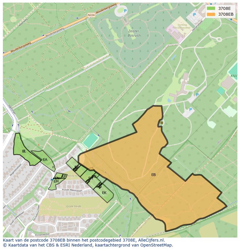 Afbeelding van het postcodegebied 3708 EB op de kaart.