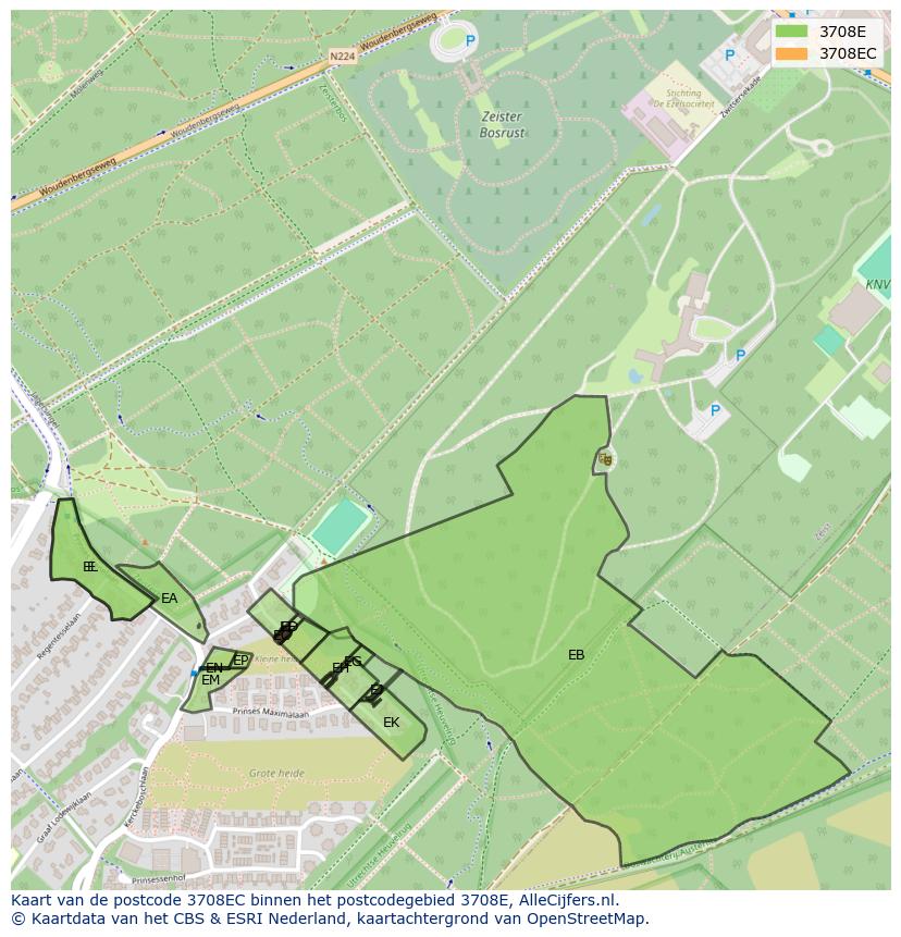 Afbeelding van het postcodegebied 3708 EC op de kaart.