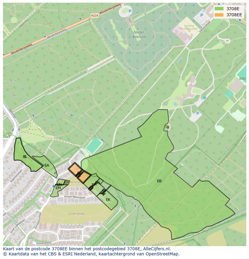 Afbeelding van het postcodegebied 3708 EE op de kaart.