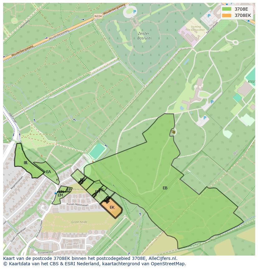 Afbeelding van het postcodegebied 3708 EK op de kaart.