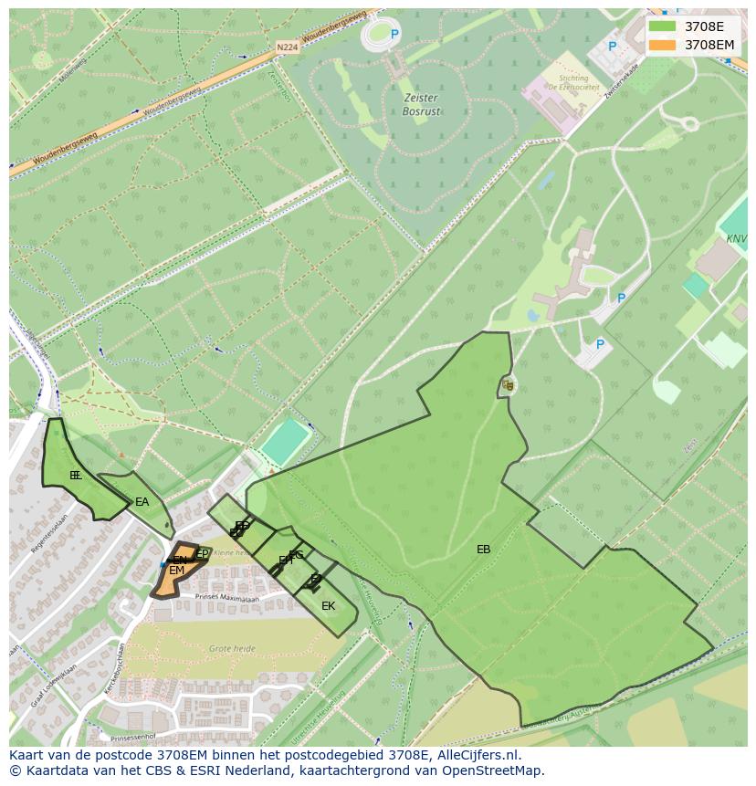 Afbeelding van het postcodegebied 3708 EM op de kaart.