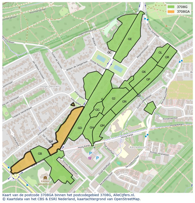 Afbeelding van het postcodegebied 3708 GA op de kaart.