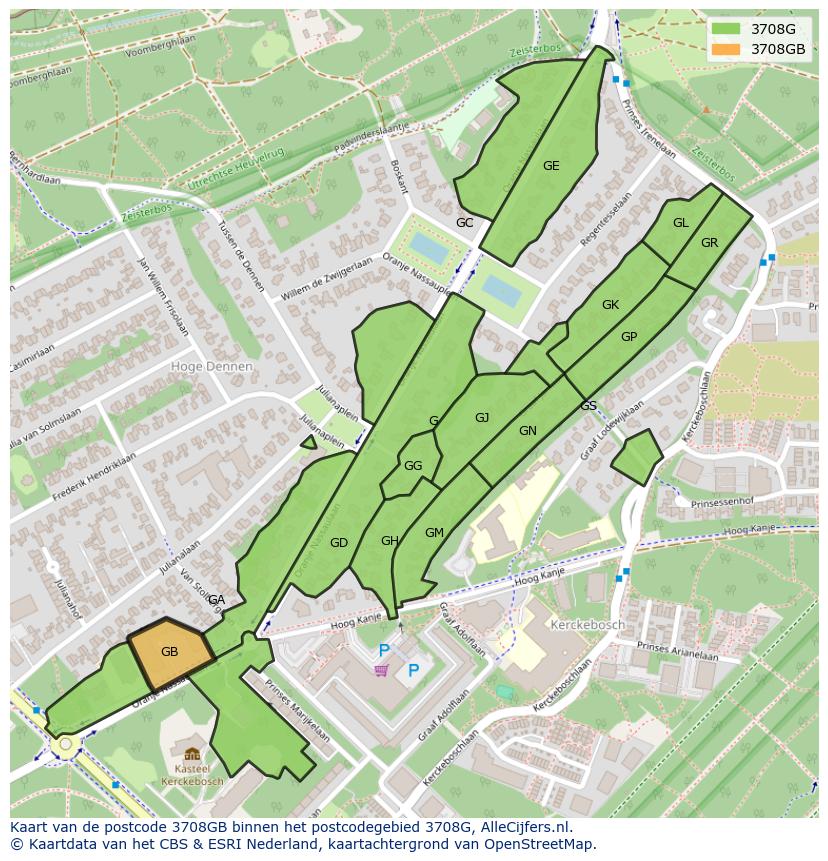 Afbeelding van het postcodegebied 3708 GB op de kaart.