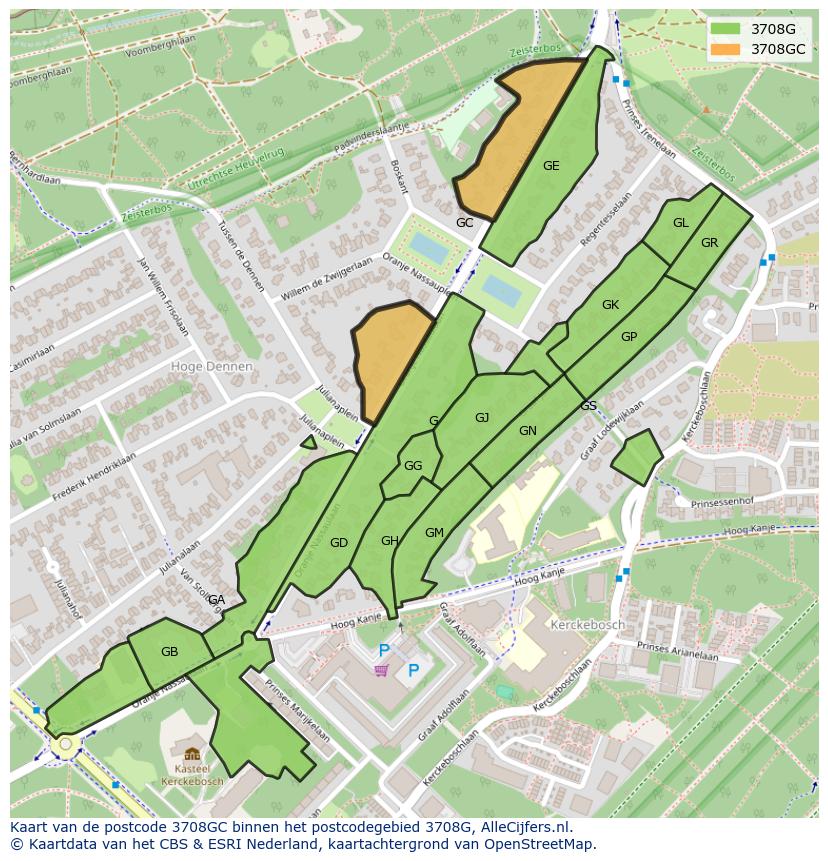 Afbeelding van het postcodegebied 3708 GC op de kaart.