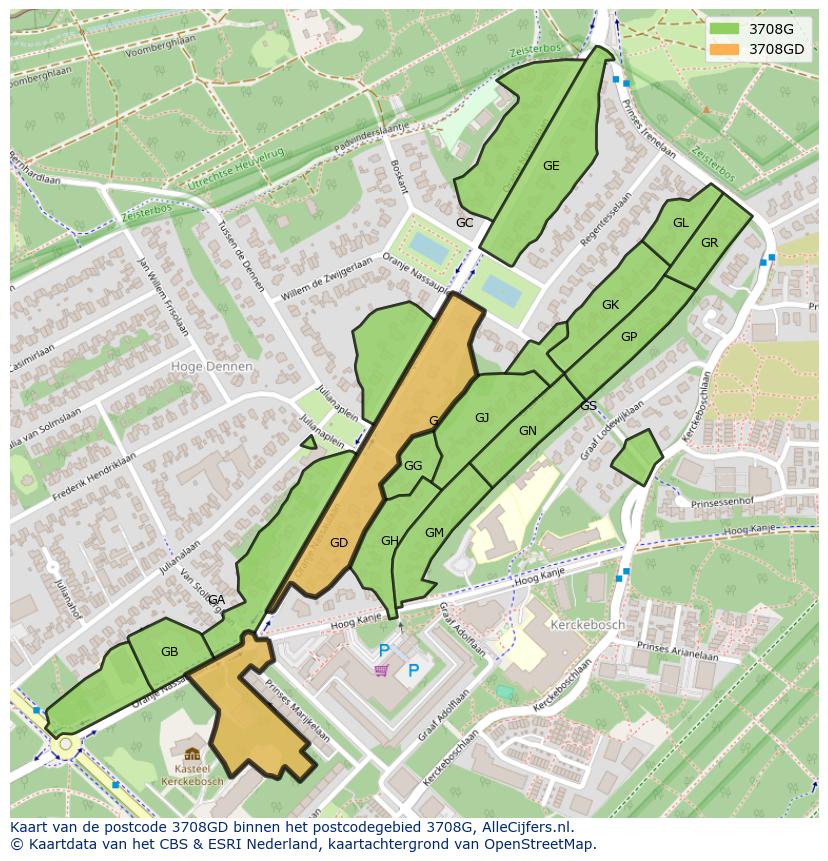 Afbeelding van het postcodegebied 3708 GD op de kaart.
