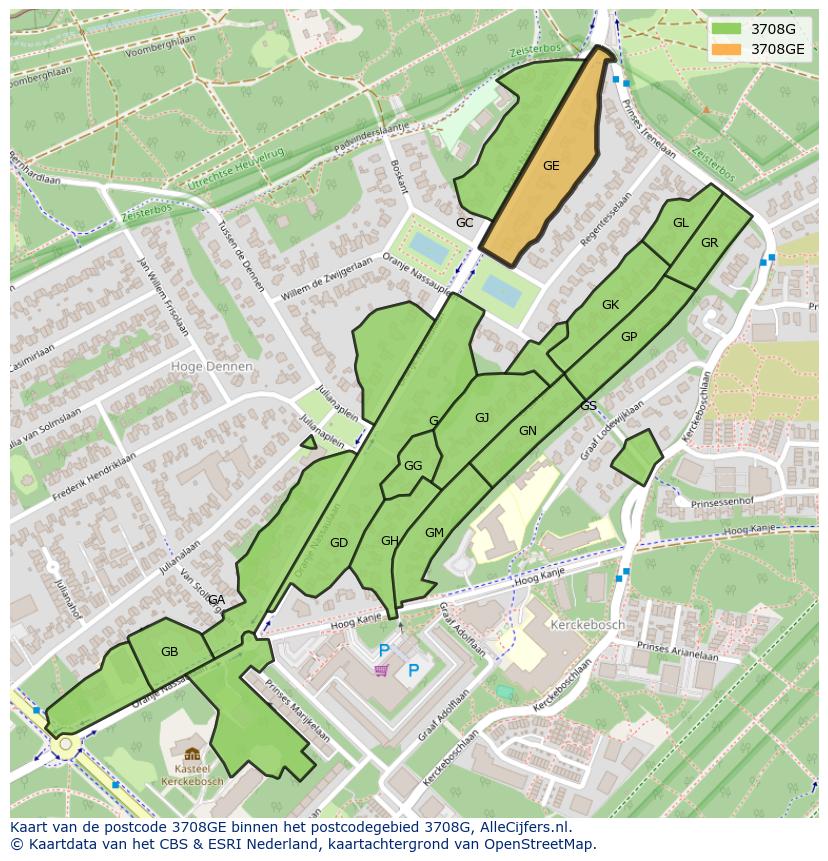 Afbeelding van het postcodegebied 3708 GE op de kaart.
