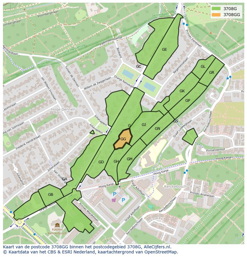 Afbeelding van het postcodegebied 3708 GG op de kaart.