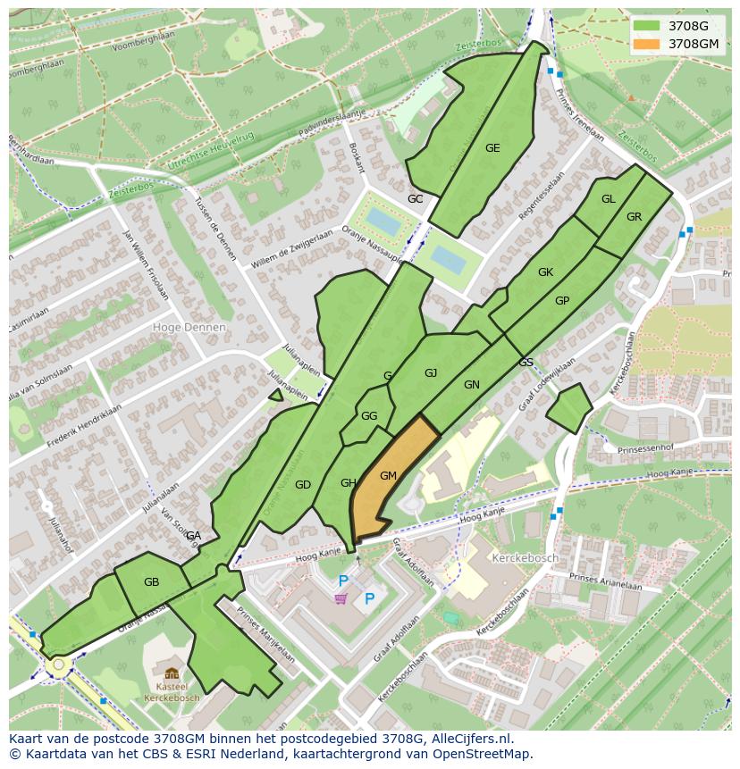Afbeelding van het postcodegebied 3708 GM op de kaart.