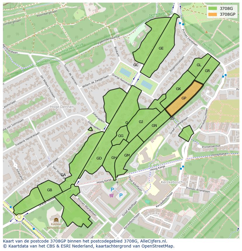 Afbeelding van het postcodegebied 3708 GP op de kaart.