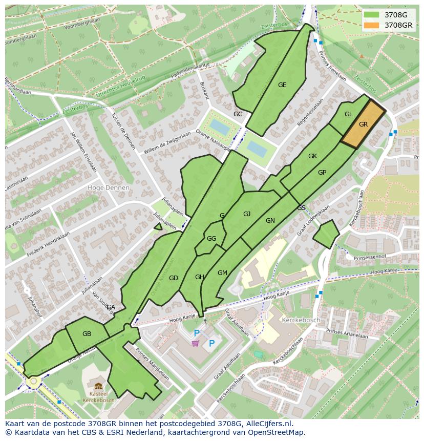 Afbeelding van het postcodegebied 3708 GR op de kaart.