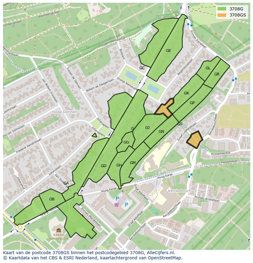 Afbeelding van het postcodegebied 3708 GS op de kaart.