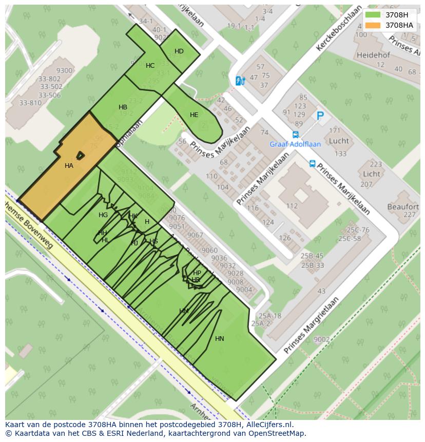 Afbeelding van het postcodegebied 3708 HA op de kaart.
