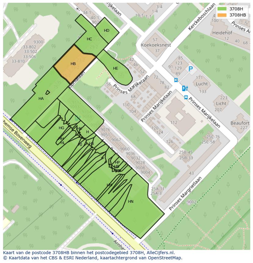 Afbeelding van het postcodegebied 3708 HB op de kaart.