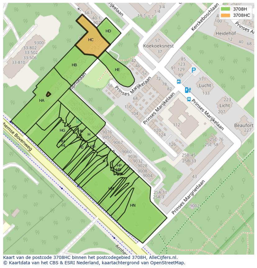 Afbeelding van het postcodegebied 3708 HC op de kaart.