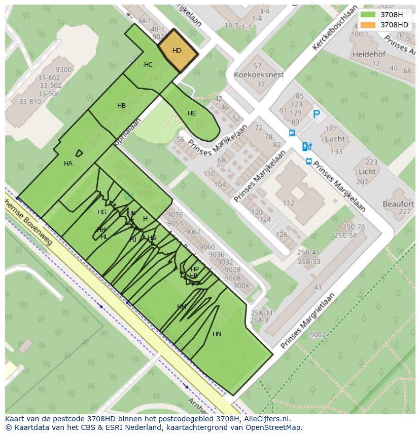 Afbeelding van het postcodegebied 3708 HD op de kaart.
