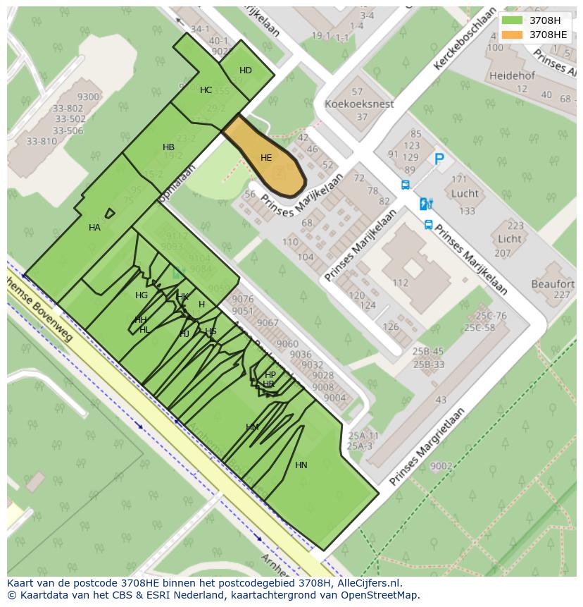 Afbeelding van het postcodegebied 3708 HE op de kaart.