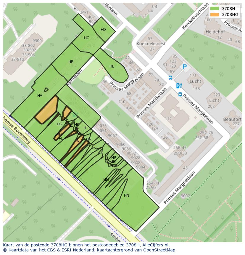 Afbeelding van het postcodegebied 3708 HG op de kaart.