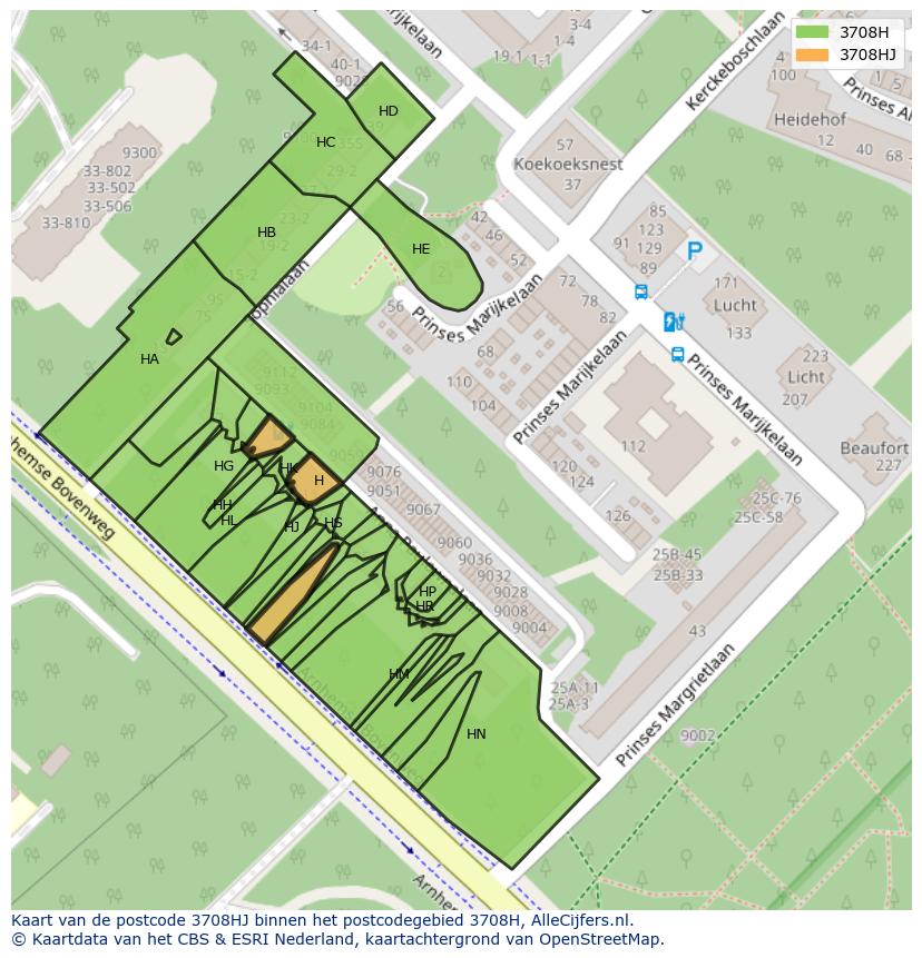 Afbeelding van het postcodegebied 3708 HJ op de kaart.