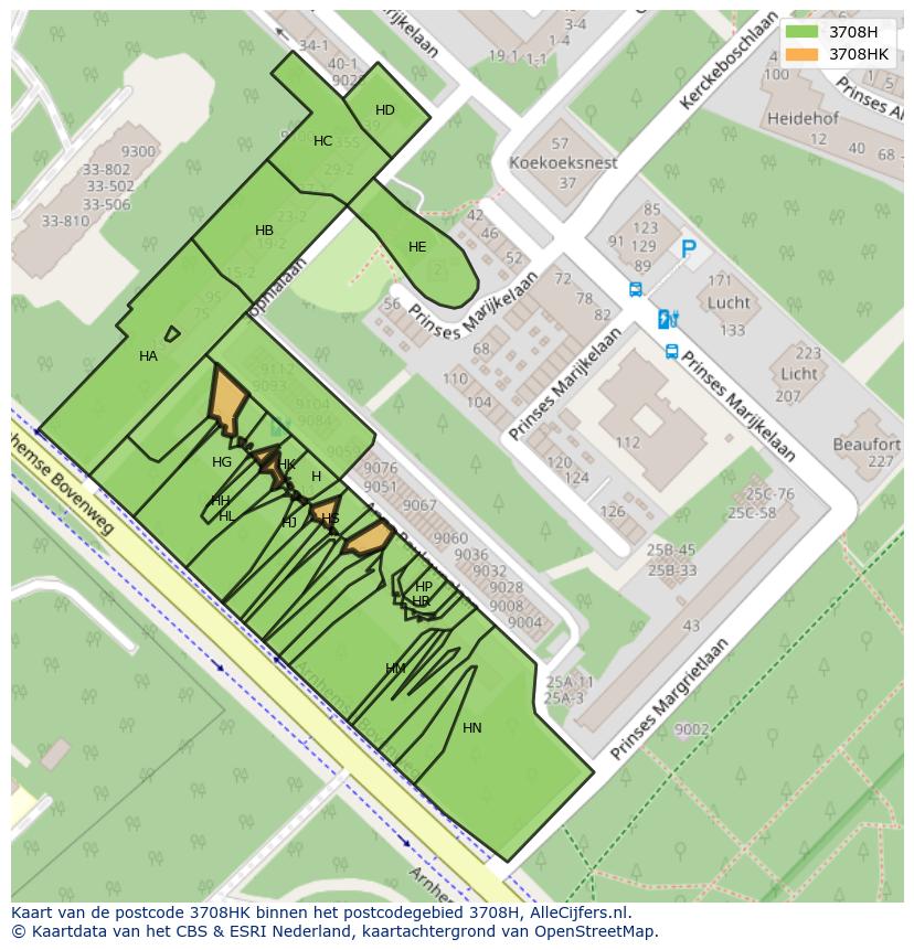 Afbeelding van het postcodegebied 3708 HK op de kaart.